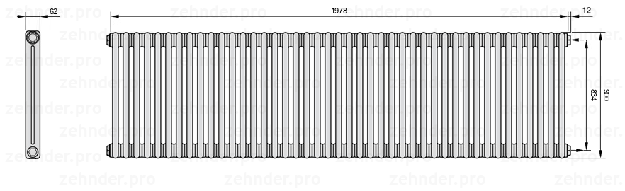 Схема (чертеж) Радиатор Zehnder Charleston 2090/43 №7610 Белый глянцевый RAL 9016